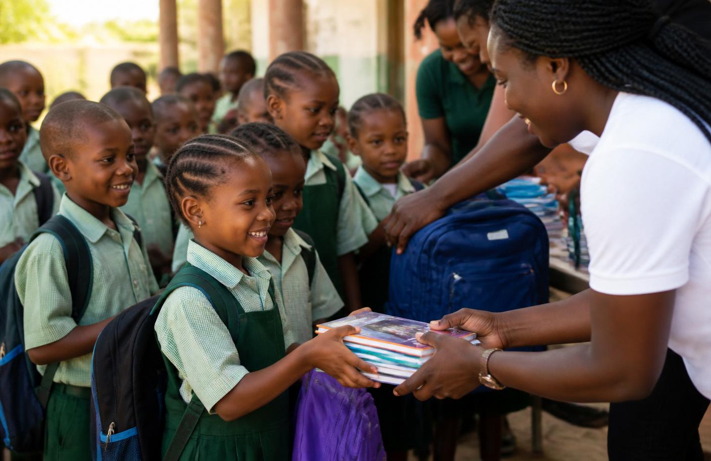 Volunteers distributing books and school bags to Nigerian pupils